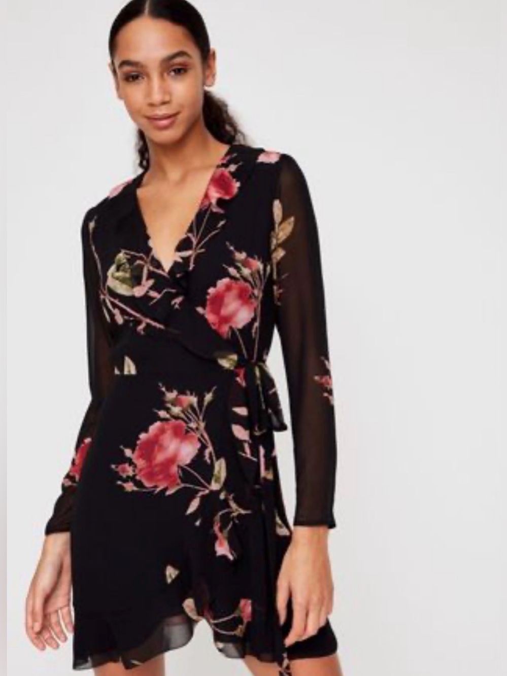 Wilfred Black Floral Ruffle Wrap Dress with Pink Blooms